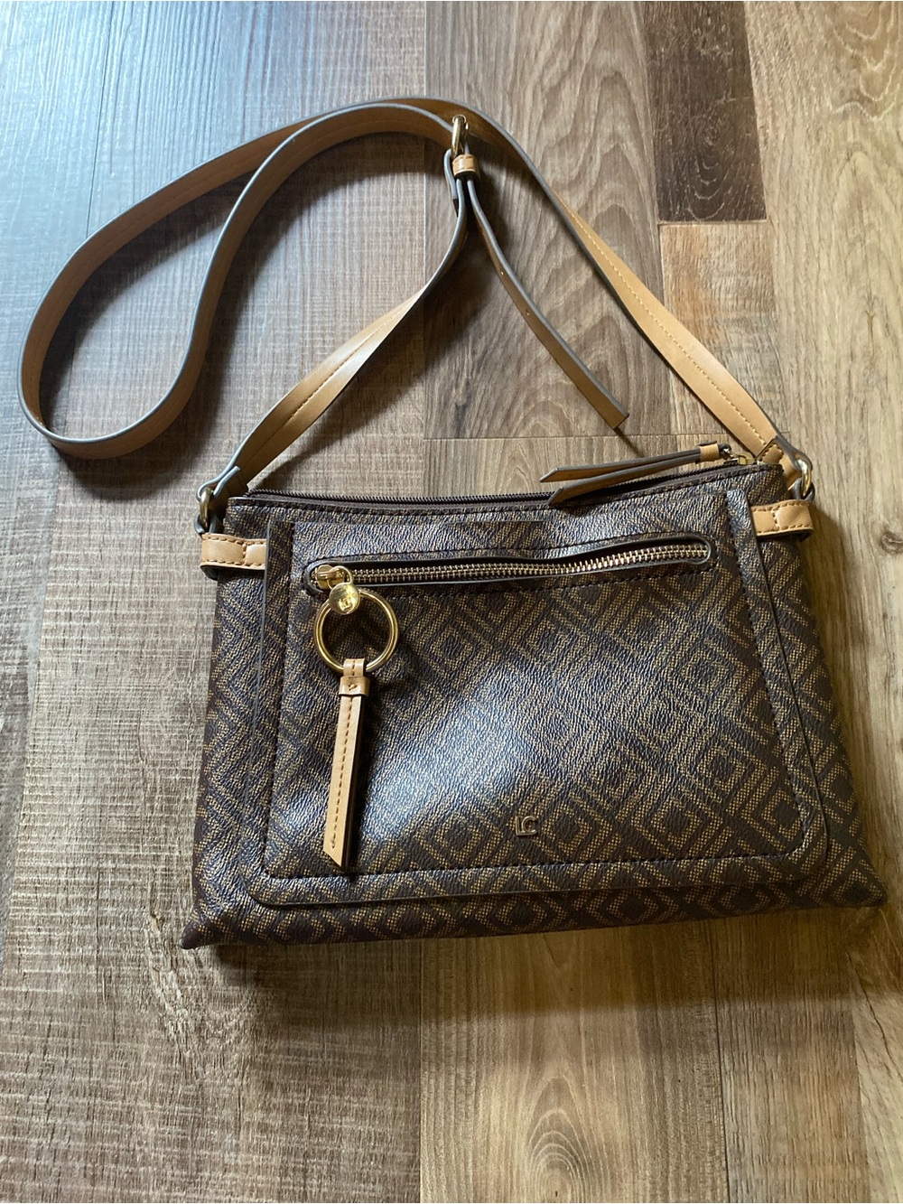 Liz Claiborne Brown Monogram Crossbody Bag with Tan Strap